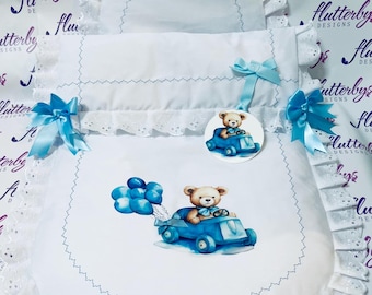 Pram Quilt White with Blue Teddy Car made to fit any pram including matching pram charm Perfect gift