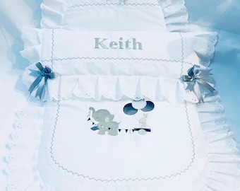 Baby Pram Quilt & Pillow Set to fit, Shades of Grey embroidered elephant design with plush Elephant toy personalised Perfect Gift