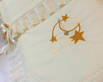 Baby Pram Quilt and Pillow Set to fit Venicci, Mamas  Papas, Any pram Ivory fabric & Brown and Cream embroidered design. Perfect Gift