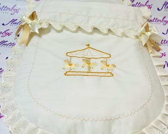 Baby Pram Quilt & Pillow Set to fit, Any pram Ivory fabric and Shades of Cream and Gold  embroidered Ready Now! . Perfect Gift