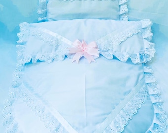 Baby Pram Quilt & Pillow Set to fit, Any pram White fabric with Pink bows  Perfect Gift Ready now fast delivery