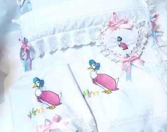 Baby Pram Quilt & Pillow Set to fit, Any pram White fabric and Lace with embroidered classic Jemima design. Perfect Gift