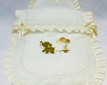 Baby Pram Quilt and Pillow Set to fit Venicci, Mamas  Papas, Any pram Ivory fabric & Brown and Cream embroidered design. Perfect Gift