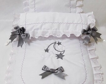 Baby Pram Quilt & Pillow Set to fit, Shades of Grey and tembroidered Moon and Stars design can be  personalised Perfect Gift