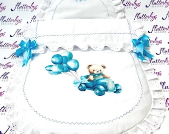 Pram Quilt White with Blue Teddy Car made to fit any pram Perfect gift