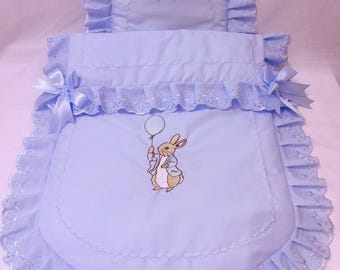 Baby Pram Quilt & Pillow Set to fit, Any pram Baby Blue fabric and Peter.Rabbit  Perfect Gift