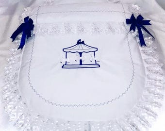 Baby Pram Quilt & Pillow Set to fit, Any pram White fabric with Navy Blue embroidered design. Perfect Gift