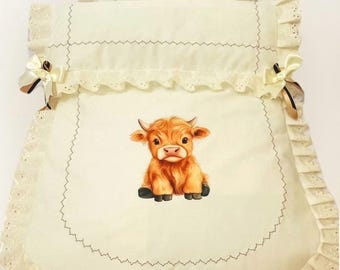Pram Quilt set with Ivory fabric with Chesney the cow motif .. made to fit any pram Perfect gift