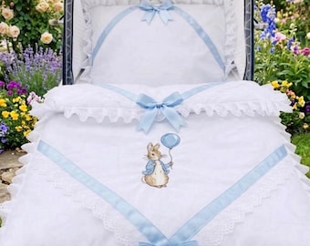 Baby Pram Quilt & Pillow Set to fit Kensington size coachbuilt pram Baby Blue ribbon and bows Peter.Rabbit  embroidery Perfect Gift