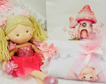 Doll's Pram quilt set * Will fit modern dolls pram .. with Fairy doll and gift bag - perfect gift,