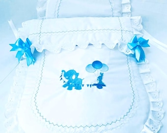 Baby Pram Quilt & Pillow Set to fit, Any pram White fabric and Shades of Blue embroidered Elephant design Ready Now ! . Perfect Gift