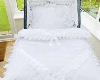 Special bespoke listing Pram Quilt set will fit Silver Cross Balmoral size, White Lace and NO ribbon bows.