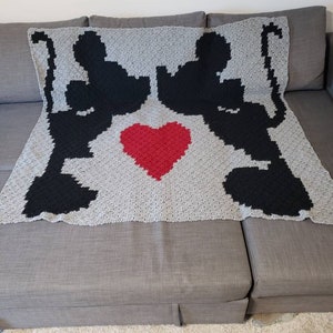 Puede incluir: Una manta de ganchillo con dos siluetas negras de gatos que se miran con un coraz&oacute;n rojo en el medio. La manta est&aacute; hecha con hilo gris y negro.