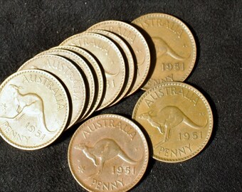 Australian Penny Copper Coins Lot of 10 (none rare!) - Various Dates Between 1950 and 1964 - Birthdate Tokens, Craft or Jewellery Supply