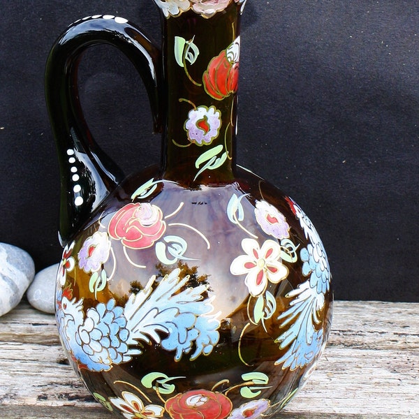 Glass Jug Dark Brown - Hand Painted Flower and Bird Design - Made in Spain