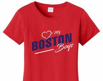 Women's Love My Boston Boys T Shirt Red Sizes Small Medium Large X-Large XX-Large 100% Cotton