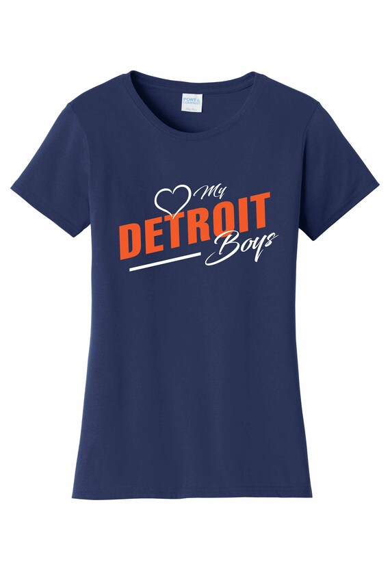 Women's Love My Detroit Boys T Shirt Navy Sizes Small Medium Large X-Large XX-Large 100% Cotton