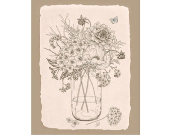 Floral Art Print, Flower Wall Art, Bedroom Décor, Girls Room, Shabby Chic, Sepia or Black and White