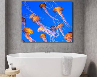 Jellyfish, Jellyfish Print, Jellyfish Art, Nautical Art, Beach Décor, Ocean Wall Art, Jellyfish Wall Art, Blue and Orange, Large Wall Art