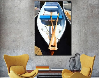 Old Rowboat Art Print, Rowboat Print, Boat Photography,  Beach Decor, Wooden Rowboat, Coastal Wall Art,White Blue Yellow,Large Boat Wall Art