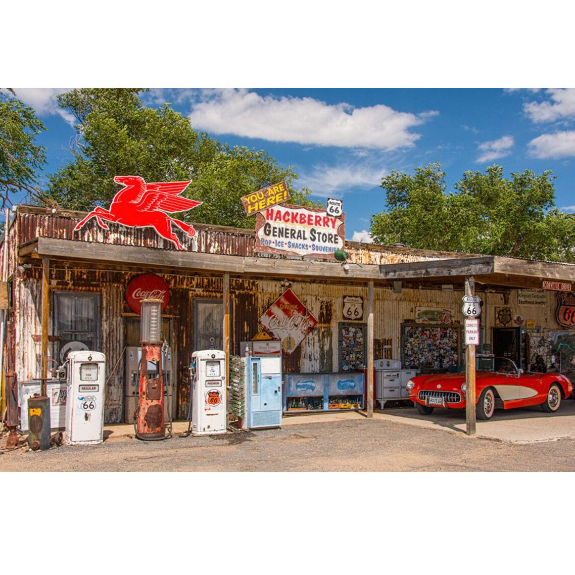 Route 66, Old Signs Vintage Gas Pumps, 57 Corvette, Gift for Men, Manly Decor, Retro Americana, Classic Car Art, Rustic Wall Art