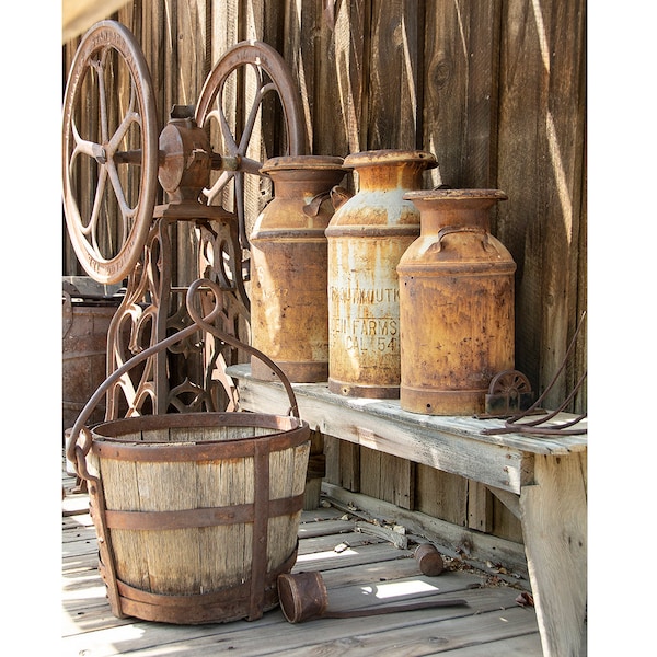 Old Milk Cans Photo, Country Farmhouse Décor, Milk Cans with Wooden Pail, Rustic Kitchen Wall Art, Western Décor, Farmhouse Kitchen Wall Art