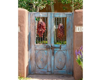 Santa Fe Door, Blue Gate with Chile Ristras Art Print, Southwestern Photo Art, Blue Door with Red Chile Ristras Print, Santa Fe Décor, Teal