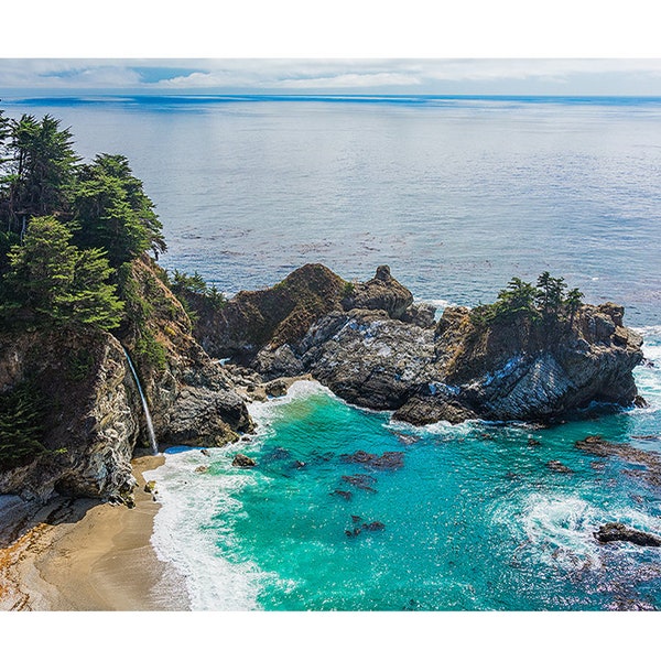 McWay Falls, Big Sur Waterfall, Coastal Decor, Big Sur Photo, Seascape, Julia Pfeiffer Burns Park, California Beach, Waves, Blue Teal White