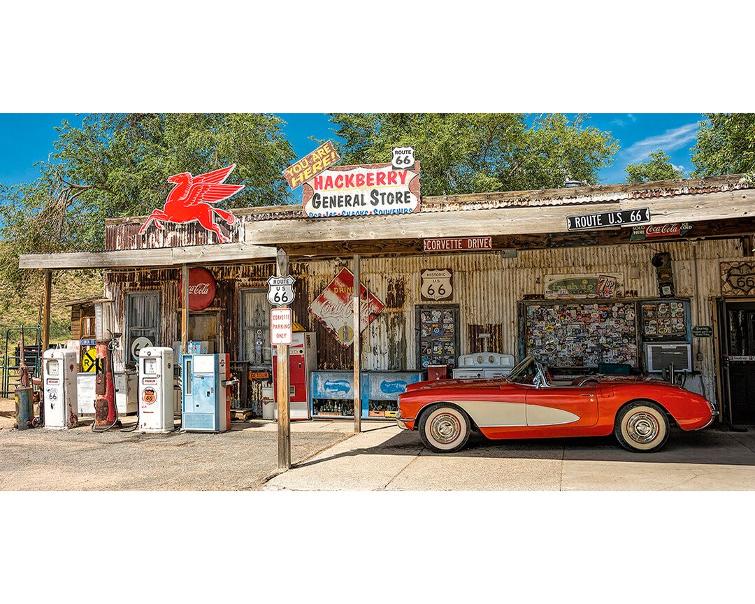 Rt. 66 Hackberry Az. General Store Print, Vintage Corvette