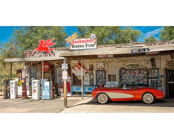 Rt. 66 Hackberry Az. General Store Print, Vintage Corvette