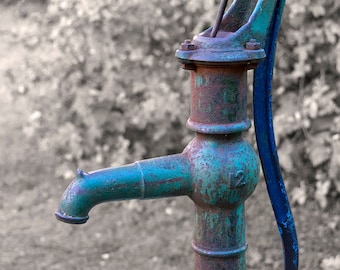 Old Water Pump Photo, Farmhouse Décor, Rustic Kitchen Décor, Teal Bath Décor,  Laundry Room, Rustic Décor, Country Wall Art, Teal Blue Rust