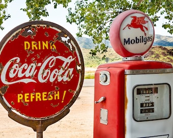 Route 66, Old Coke Sign and Vintage Mobil Gas Pump Photo, Gift for Men, Manly Décor, Retro Americana, Rustic Wall Art, Route 66 Retro Décor