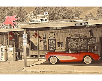 Route 66, 57 Corvette Photo, Americana, Classic Car Art, Rustic Decor, Gift for Men, Country Decor, Sepia Tone Photo, Manly Decor, Retro