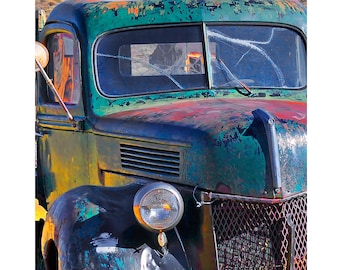 Rusty Teal and Red Old Truck Photograph, Vintage Wall Art