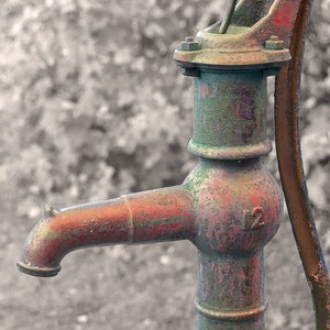 Rusty Water Pump Photo, Green Farmhouse Decor, Bath Wall Art