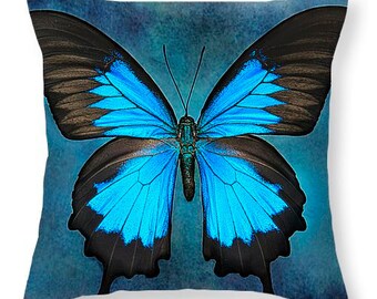 Pillow Cover, Teal and Blue Butterfly on Pillow, Home Decor, Butterfly Decorative Pillow, Butterfly on Pillow Cover, Blue, Teal, Black