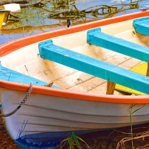 Nautical Decor, Old Boat Photography, Rowboat Photo, Coastal Art,  Beach Decor, Large Wall Art, Boat Picture, Teal Turquoise Orange Yellow