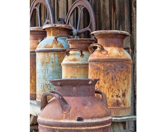 Photo of Old Milk Cans, Kitchen Decor, Fixer Upper Style Photograph Farmhouse Kitchen Wall Art, Country Decor, Old Metal Milk Cans Art Print
