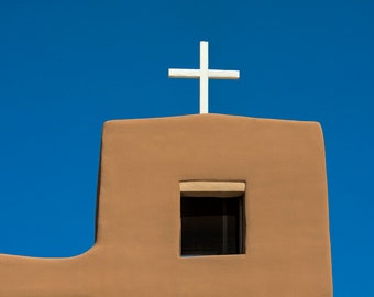 Southwest Photo Art, Santa Fe Art Print, Southwest Decor, Adobe Church with White Cross, Santa Fe Decor, Minimalist Art, Blue Beige White