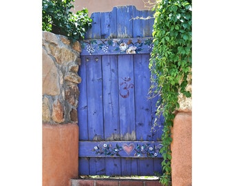 Blue Door Art Print, Santa Fe Door Photo, Southwest Decor, Door Art Print, Santa Fe Decor, Periwinkle, Heart and Flowers