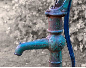 Old Water Pump Photo, Rustic Kitchen Decor, Teal Bath Decor, Farmhouse Decor, Laundry Room, Rustic Decor, Country Wall Art, Teal Blue Rust