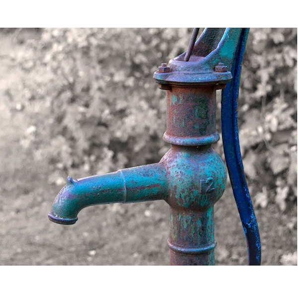 Old Water Pump Photo, Rustic Kitchen Decor, Teal Bath Decor, Farmhouse Decor, Laundry Room, Rustic Decor, Country Wall Art, Teal Blue Rust