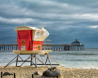 Beach Decor, Beach Wall Art, Red Lifeguard Tower Print, Pier Photo,Coastal Decor,San Diego Imperial Beach Lifeguard Hut,Large Beach Wall Art