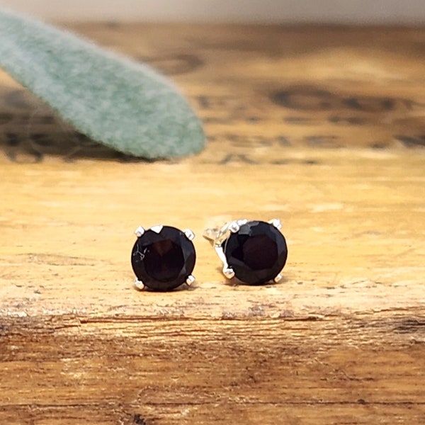 Black Spinel Stud Earrings | Natural Gemstone Sterling Silver Jewelry | Faceted Solitaire Post Earrings | Witchy Crystal Jewelry