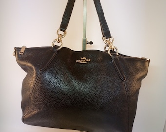Authentic COACH Handbag Black Genuine Leather Double Strap W/Shoulder Strap No K1748-F26917