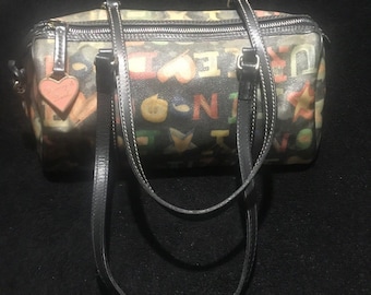 Dooney & Bourke RARE Vintage Barrel Purse Shoulder Hearts/Alphabet Black  Multi