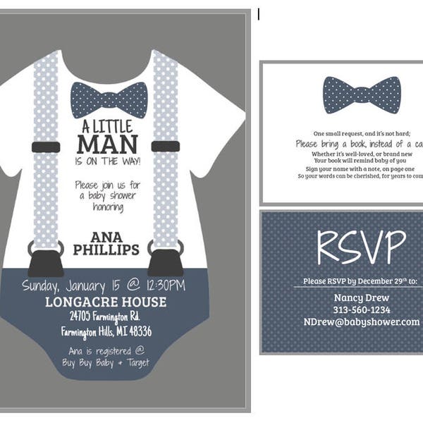 Little Man Baby Shower Invitation and Bring a Book insert, Bowtie Baby Shower, Baby Boy, Blue White Gray Polka Dot