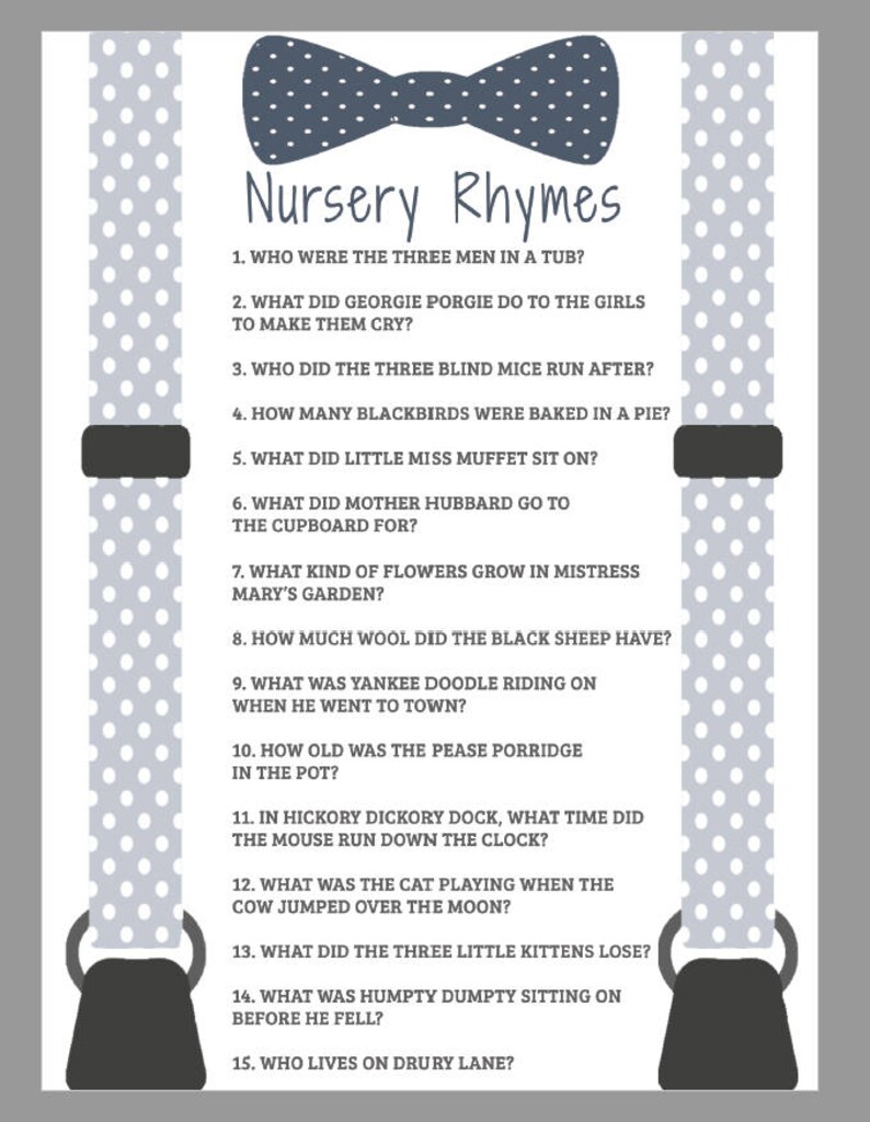 Little Man Nursery Rhymes Game, Bowtie Baby Shower, Printable, Instant