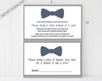 Little Man Baby Shower Bring a Book & Bring Pack of Diapers insert, Bowtie Baby Shower, Baby Boy, Blue White Gray Polka Dot
