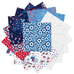May include: A collection of square fabric swatches arranged in a circular fan pattern. The fabric features patriotic themes in red, white, and blue, including patterns of stars, fireworks, American flags, and text reading Red White and Blue.